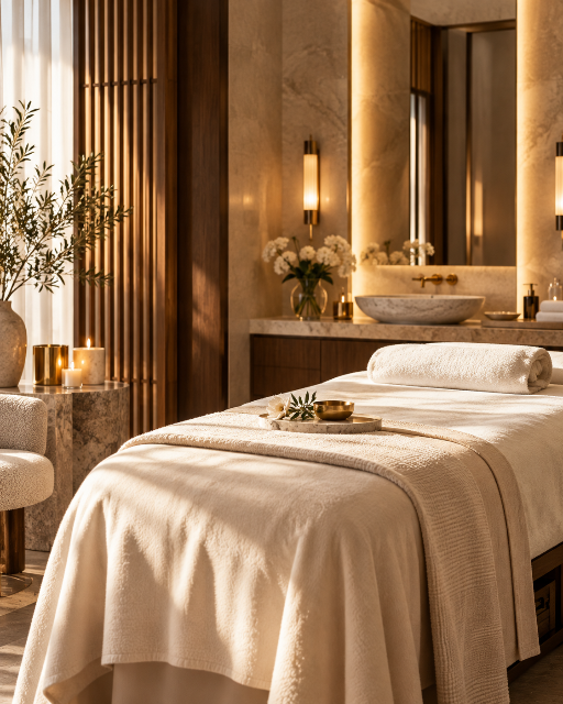 A luxury spa treatment room featuring a neatly made massage table with cream linens, a warm wood slatted screen, a stone vessel sink, and soft golden lighting.